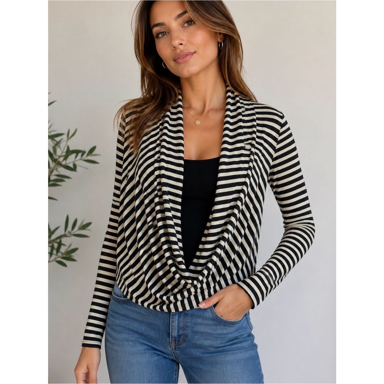 Nwt Mystree Stripe Top Draped Cowl Neck Cropped L